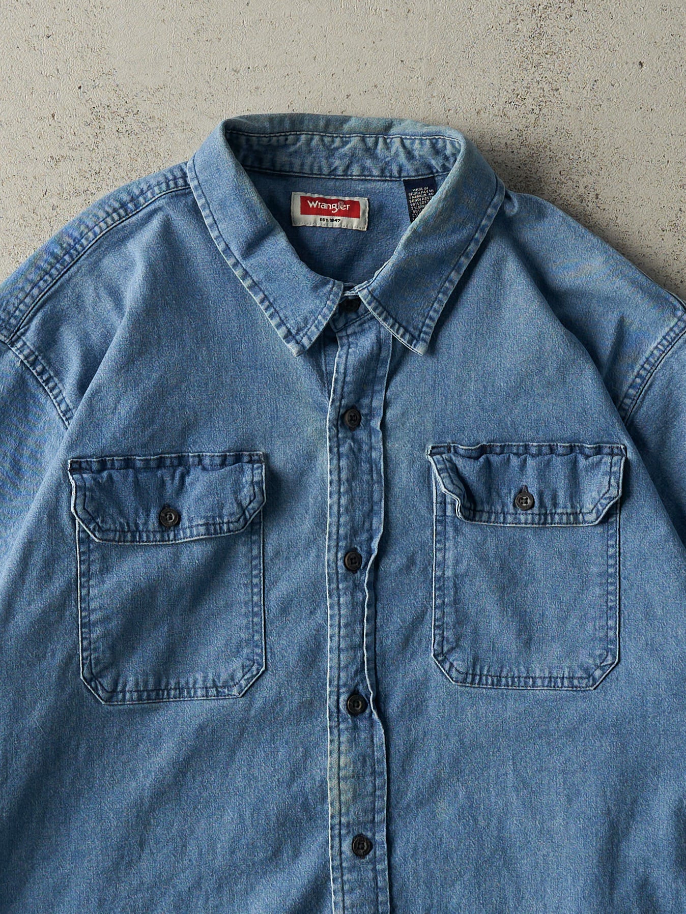 Vintage Y2K Mid Wash Wrangler Denim Button Up (XL) - Image 2