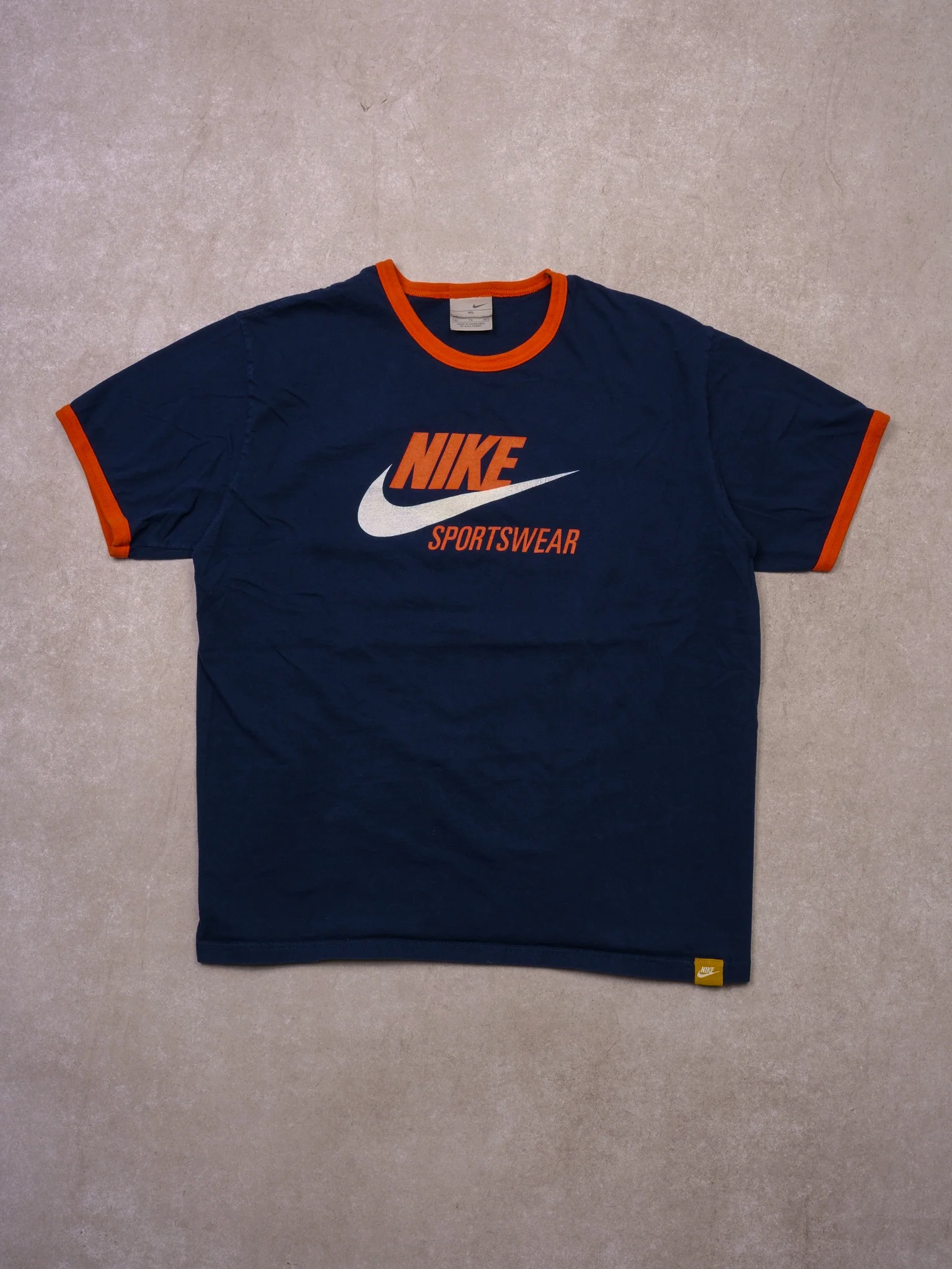 Vintage Y2k Navy Blue and Orange Nike Sportwear Tee (M)