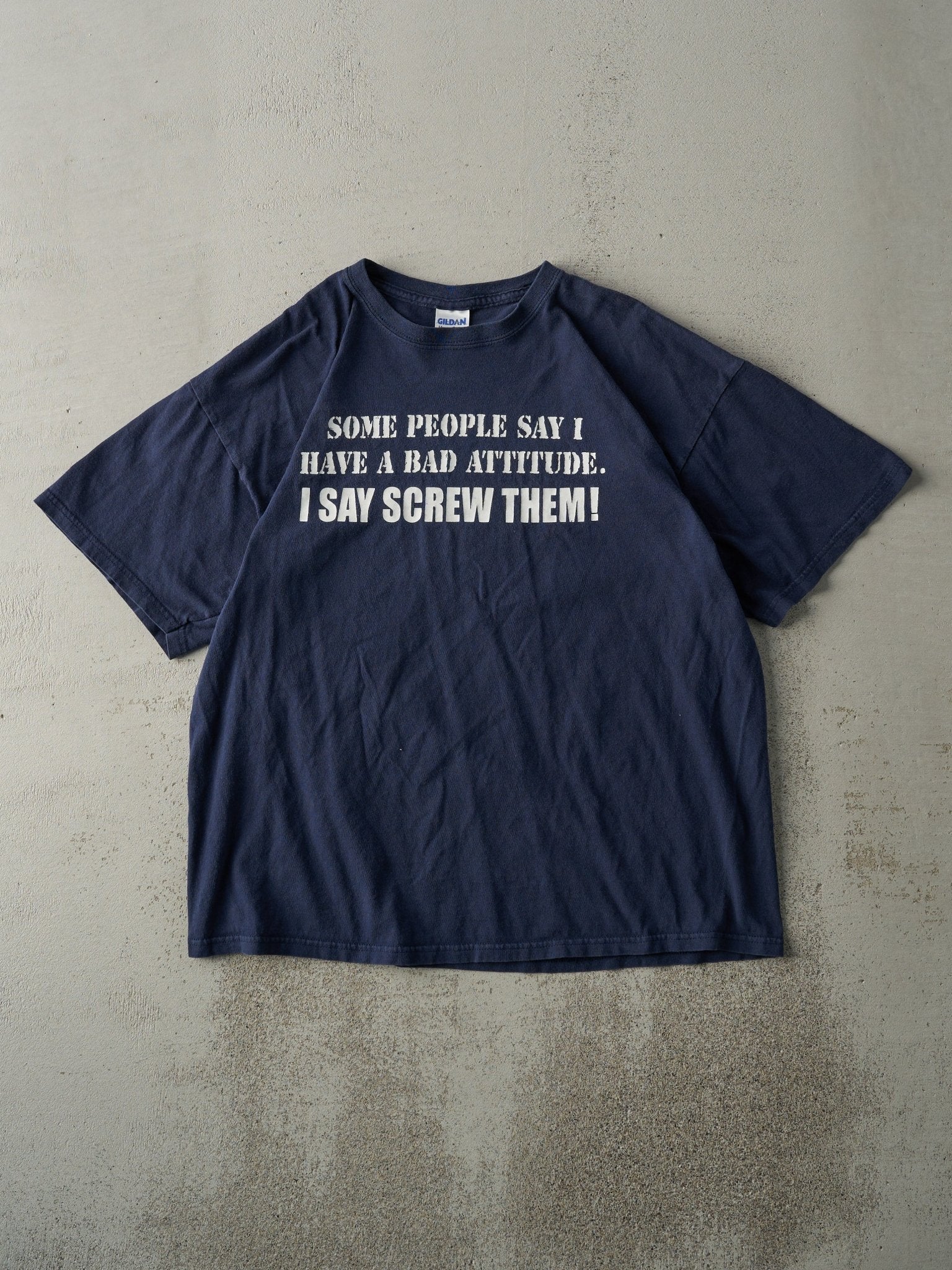 Vintage Y2K Navy Blue Bad Attitude Tee (M)