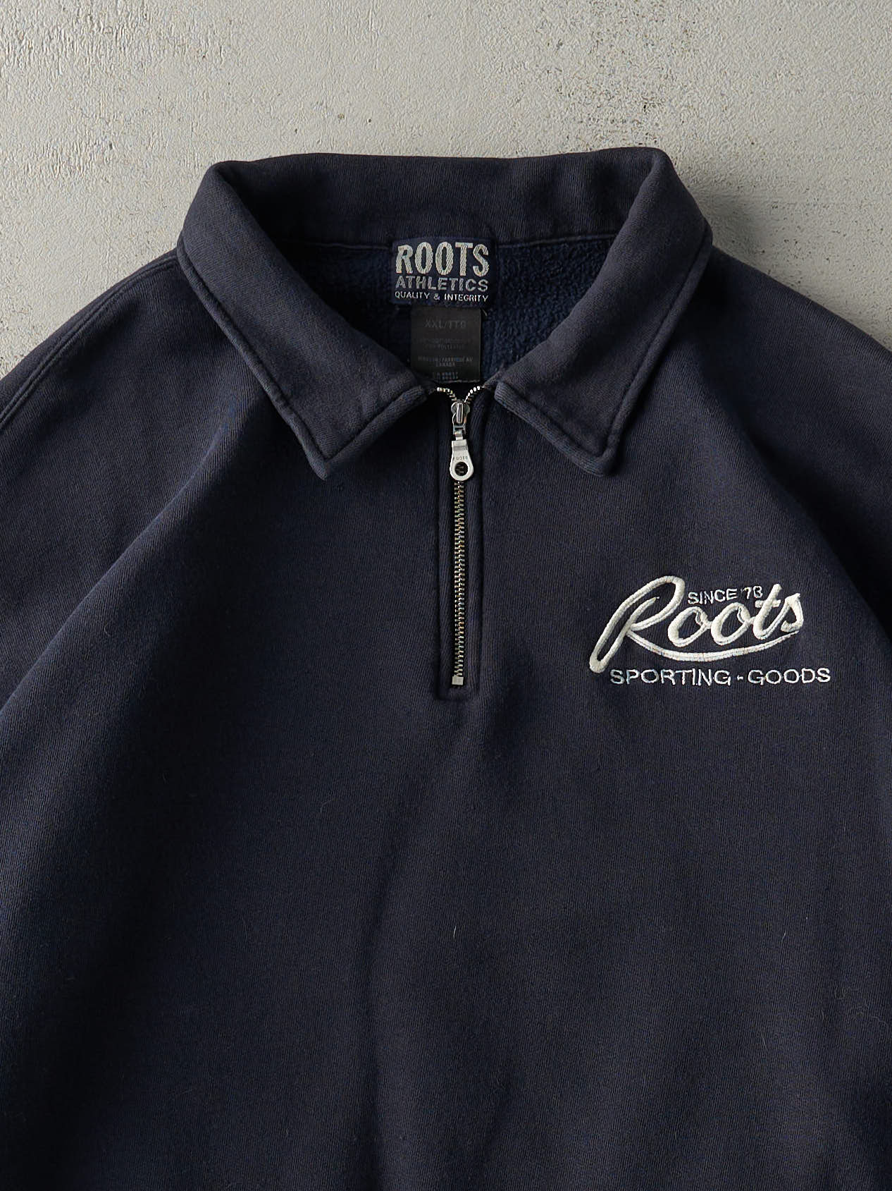Vintage Y2K Navy Blue Embroidered Roots Athletics Quarter Zip Sweater (XXL) - Image 3