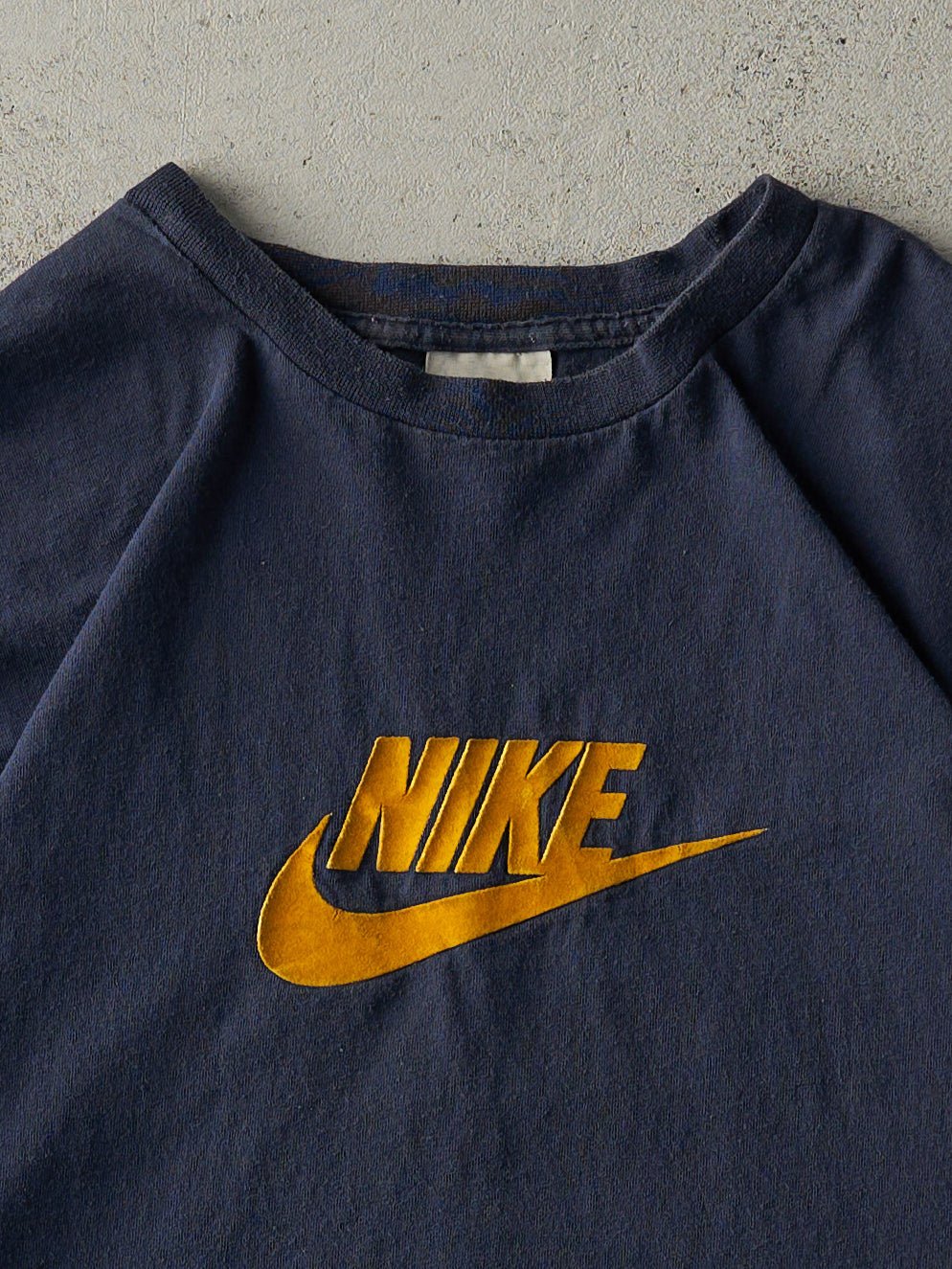 Vintage Y2K Navy Blue Felt Nike Logo Tee (M) - Image 3