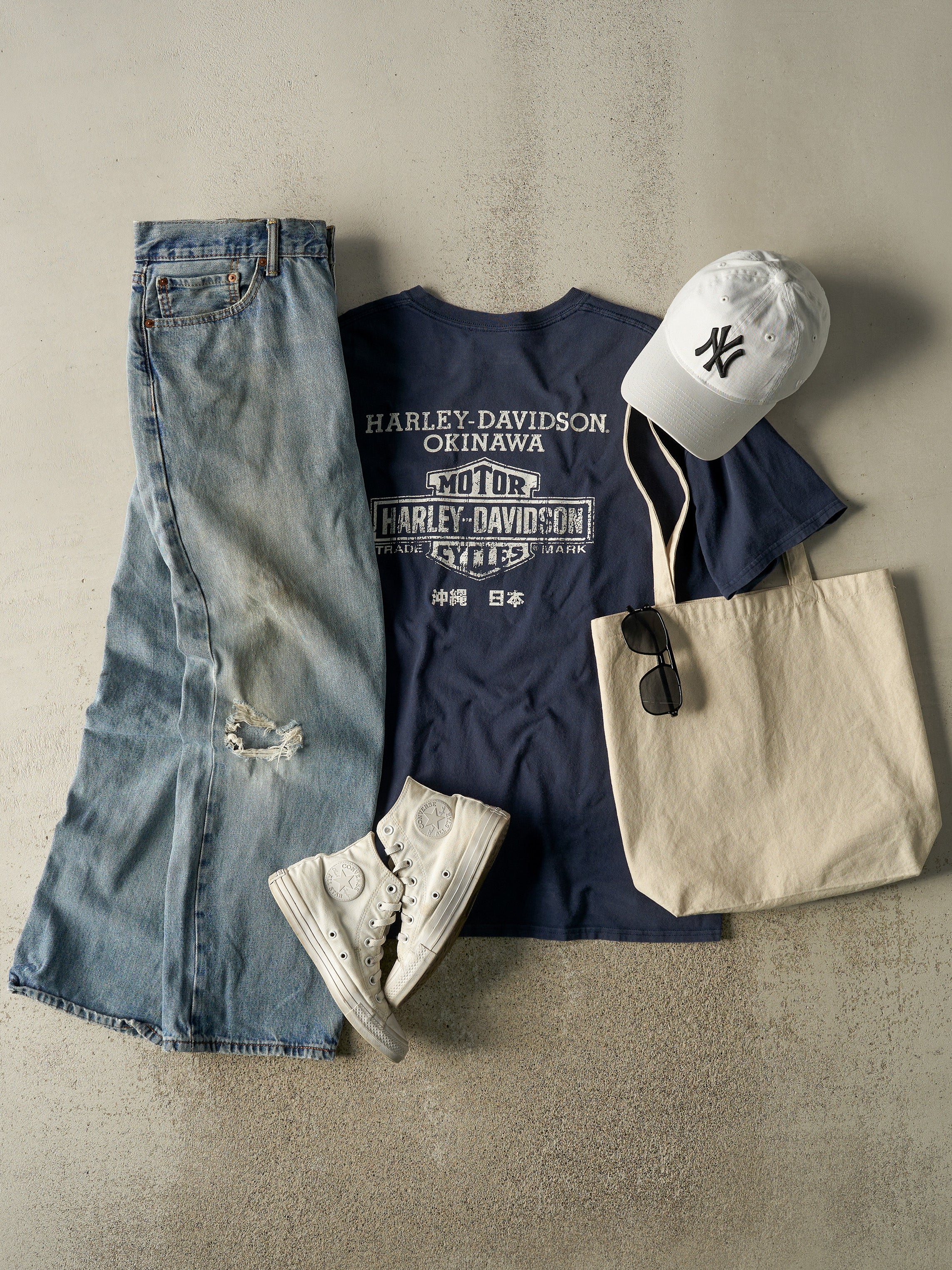 Vintage Y2K Navy Blue Harley Davidson Okinawa Japan Pocket Tee (XL) - Image 2