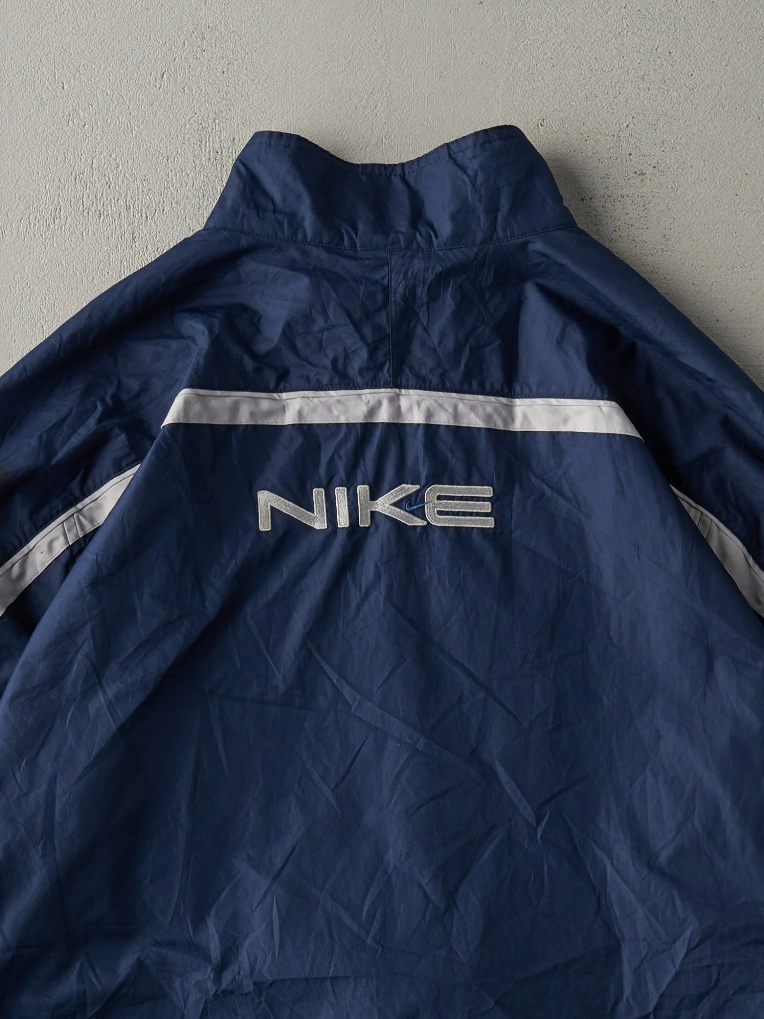 Vintage Y2K Navy Blue Reflective Stripe Nike Embroidered Windbreaker Jacket (L) - Image 4