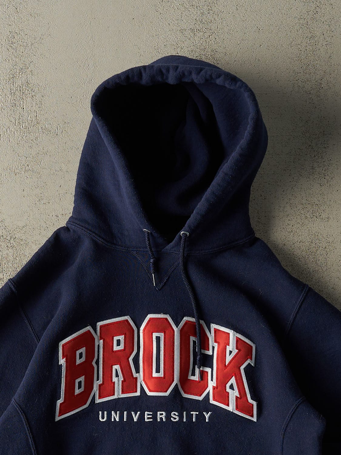 Vintage Y2K Navy Blue Russell Athletic Brock University Embroidered Hoodie (S/M) - Image 2