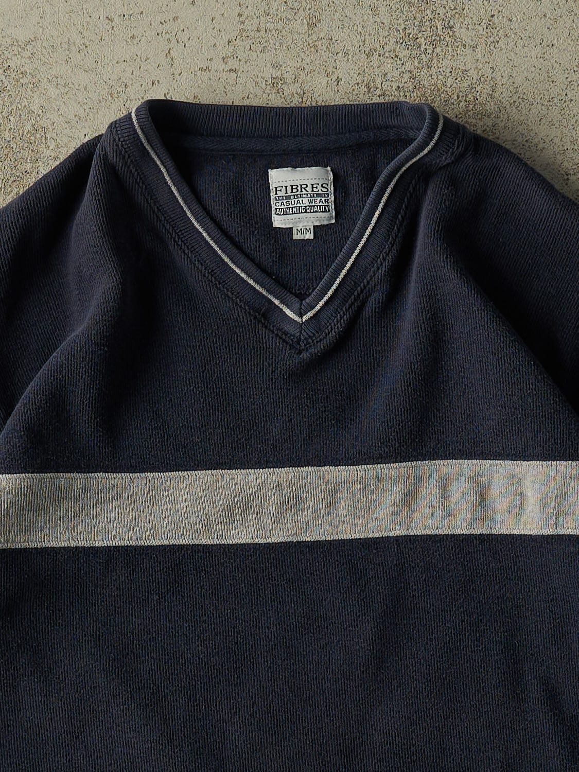 Vintage Y2K Navy Blue Striped Thermal Long Sleeve (S/M) - Image 2