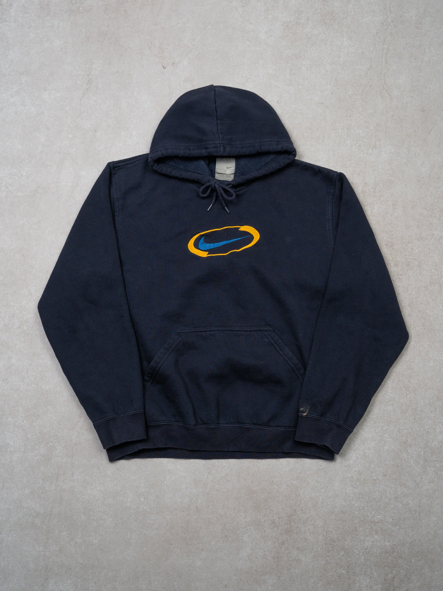 Vintage 00s Navy + Yellow Center Check Hoodie (L)