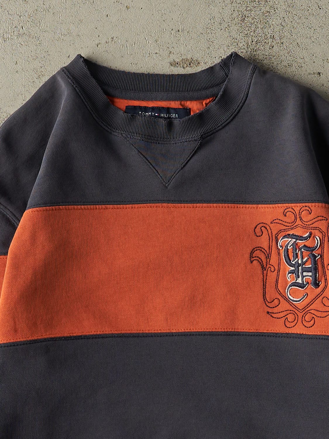Vintage Y2K Orange & Navy Tommy Hilfiger Striped Crewneck (S) - Image 2
