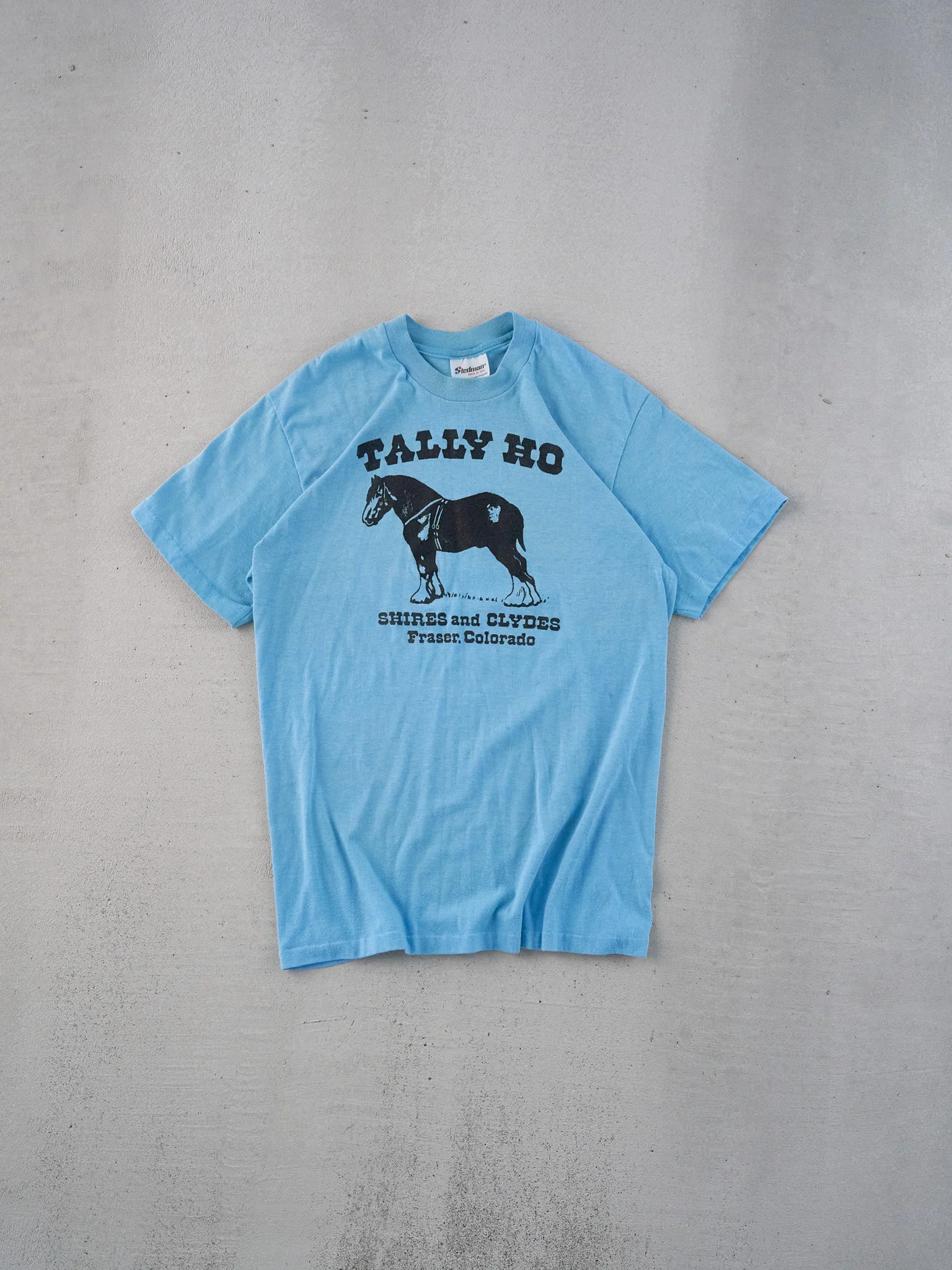 Vintage 70s Powder Blue Single Stitched Tallo Ho Horse Graphic Tee (XS)