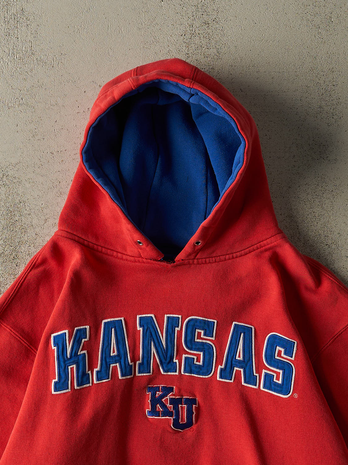 Vintage Y2K Sun Faded Red University of Kansas Embroidered Boxy Hoodie (L/XL) - Image 2