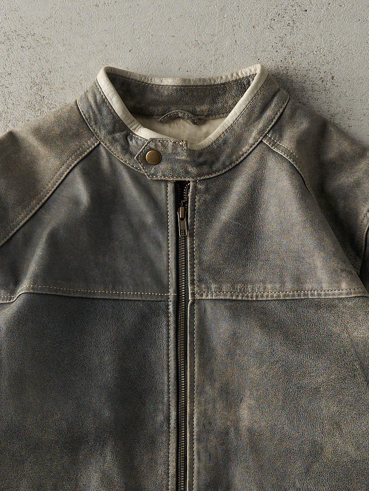 Vintage Y2K Washed Grey & White Danier Leather Biker Jacket (S/M) - Image 4
