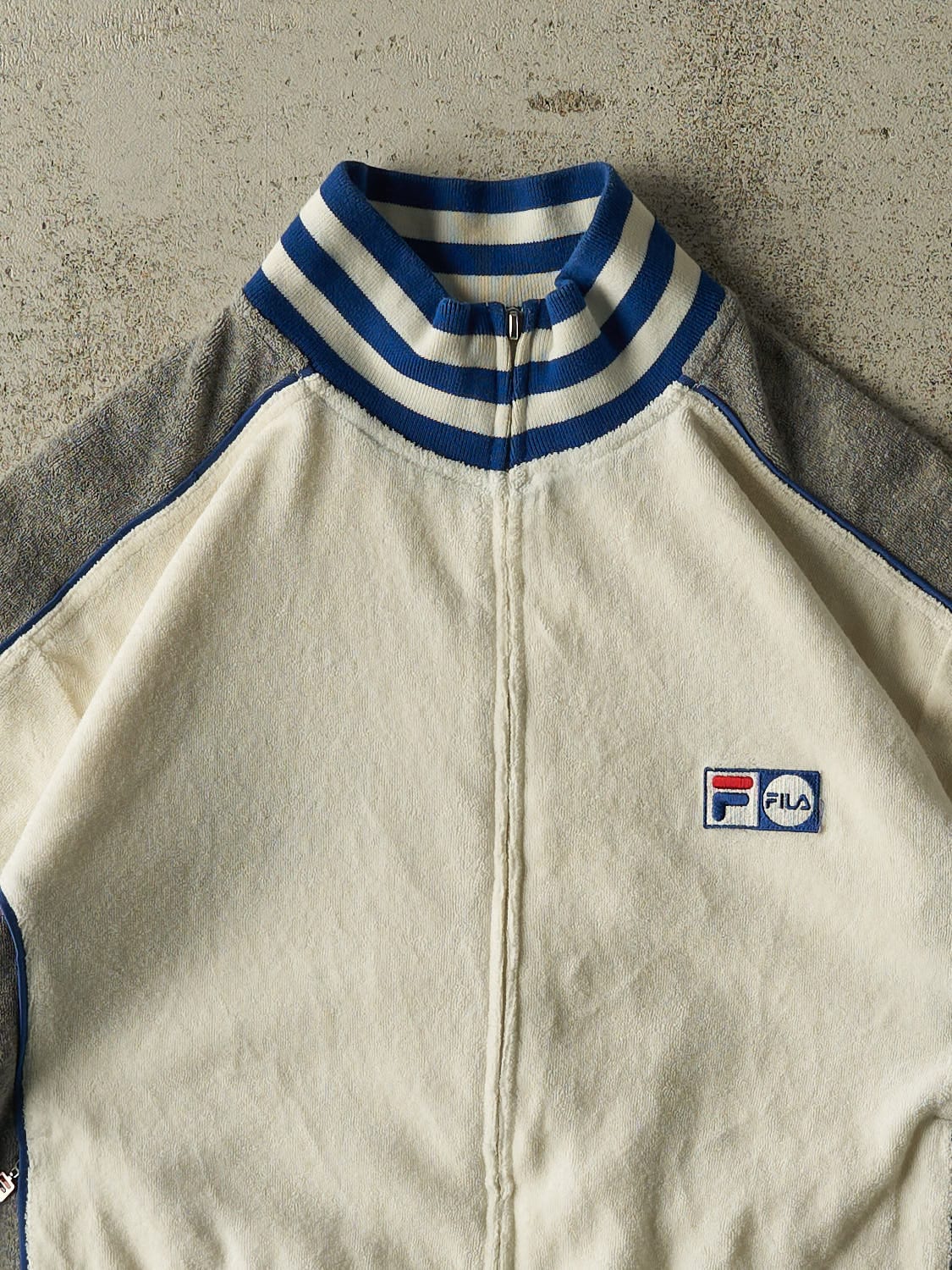 Vintage 90s White Fila Italia Zip Up Towel Sweater Tee (M) - Image 3