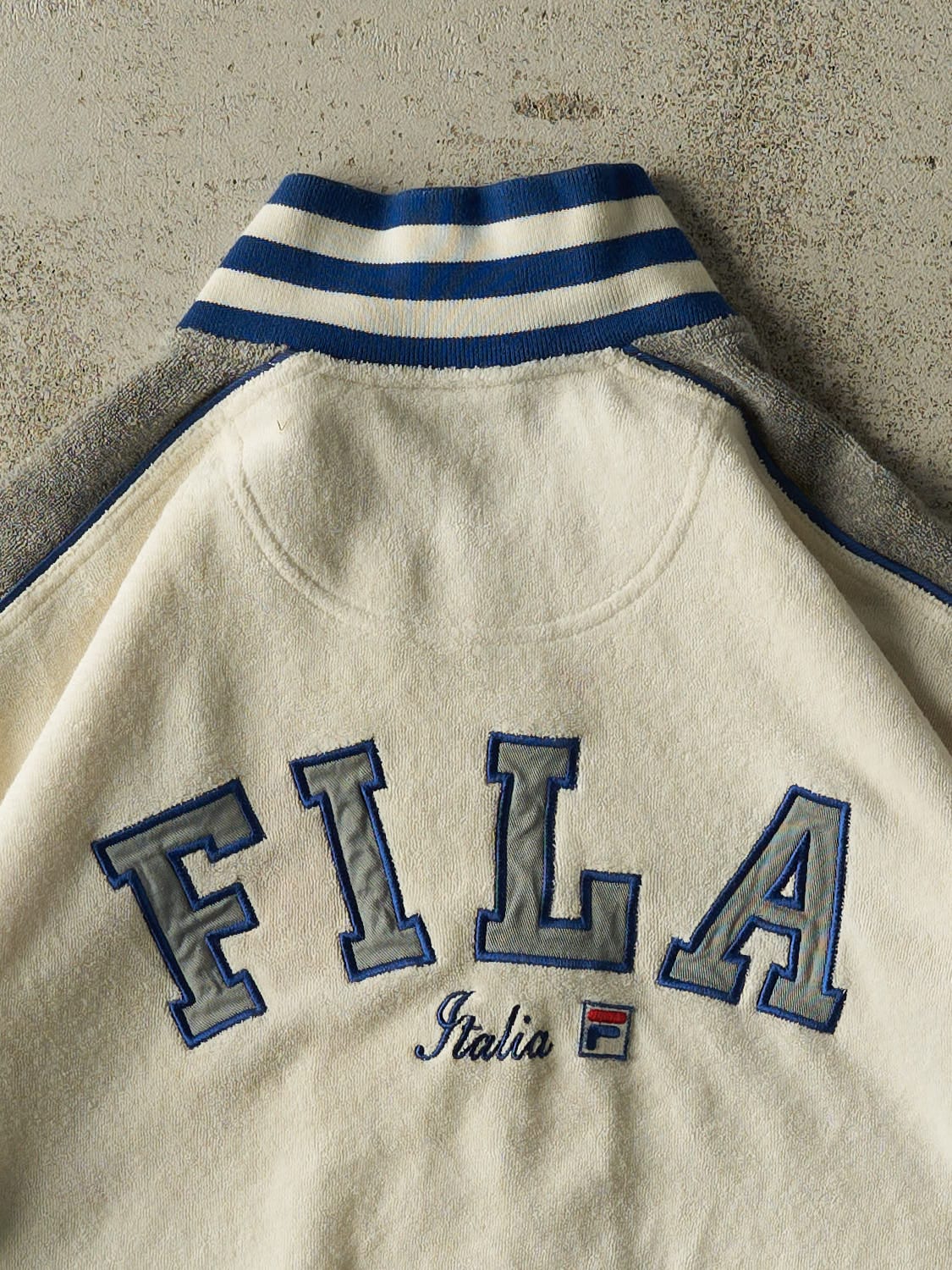 Vintage 90s White Fila Italia Zip Up Towel Sweater Tee (M) - Image 4