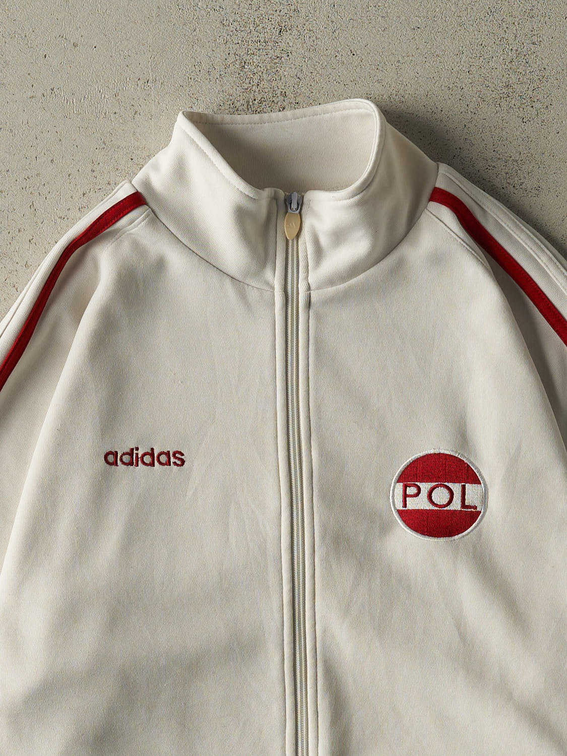 Vintage Y2K White & Red Adidas Poland Zip Up Track Sweater (L/XL) - Image 3
