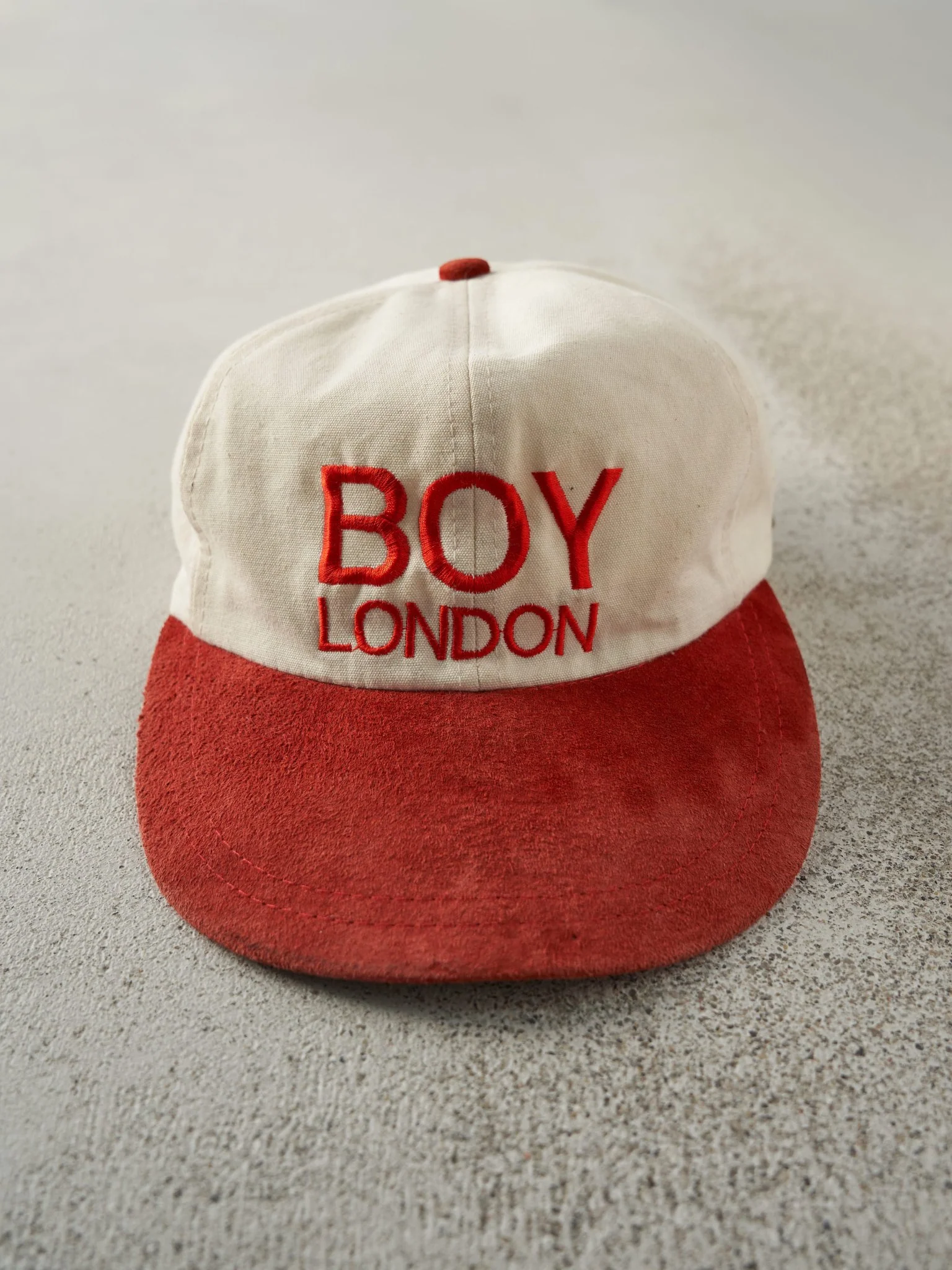 Vintage 90s Beige & Red Boy London Two Tone Embroidered Leather Strapback